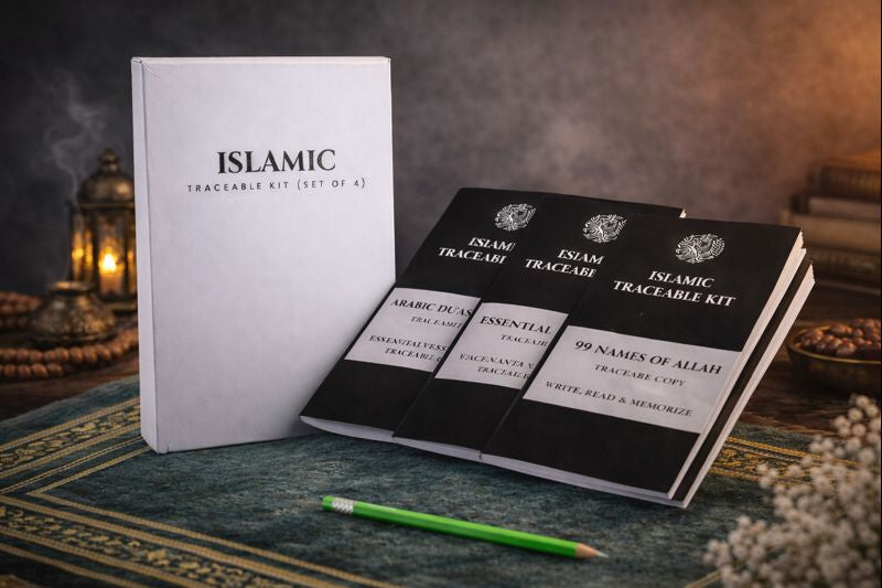 ISLAMIC TRACEABLE Learning Kit (Set of 4) – Reusable Quran Arabic Writing Practice for Kids & Beginners