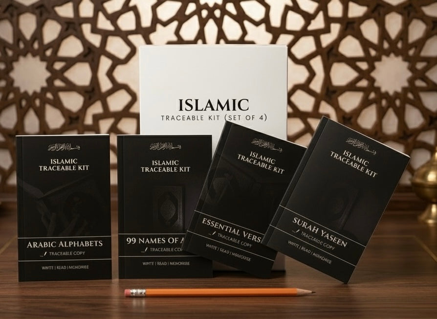 ISLAMIC TRACEABLE Learning Kit (Set of 4) – Reusable Quran Arabic Writing Practice for Kids & Beginners